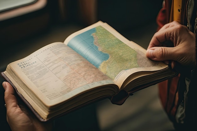 A closeup shot of a traveler's hand holding a wellworn and markedup travel guidebook