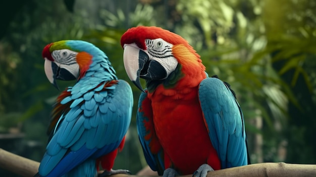 Closeup shot of two colorful macawsGenerative AI