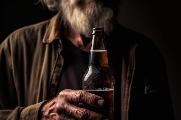 Closeup shot of an unrecognisable man holding a beer bottle created with generative ai