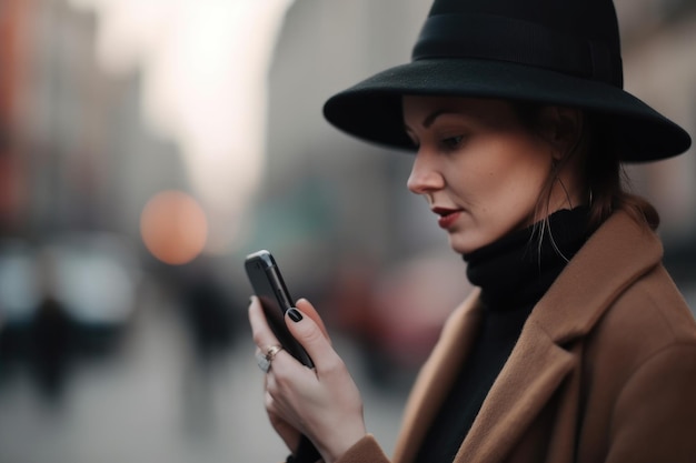 Closeup shot of an unrecognisable woman using a cellphone in the city created with generative ai