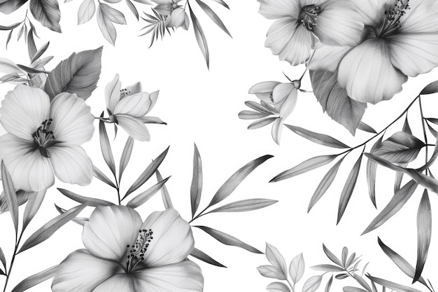 A closeup shot of various flowers and leaves in black and white