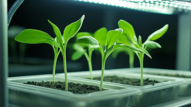 Photo closeup shot of vibrant green seedlings thriving under artificial light in plastic trays the