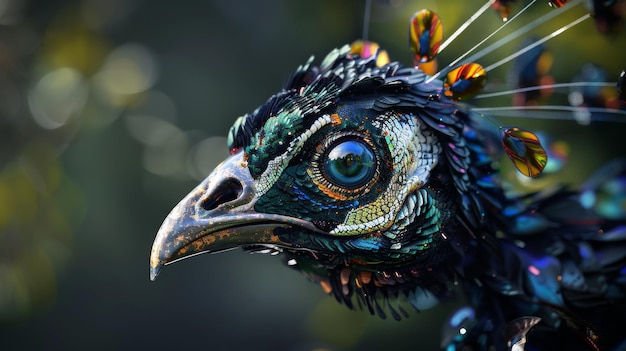 Photo closeup shot of a vibrant intricately detailed and iridescent bird with an artistic design showcasing vivid colors and mesmerizing eyes