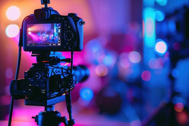 A closeup shot of a video camera recording a live performance with the cameras screen displaying footage and the background blurred featuring vibrant lighting Generative AI