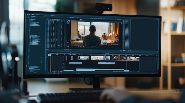 Photo a closeup shot of a video editors workspace with a large monitor and a web cam