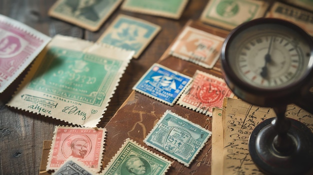 A closeup shot of vintage stamps and a clock on a wooden table