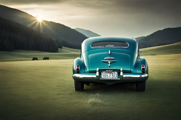 Photo closeup shot of a vintage turquoise car parked on a green field