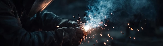 Photo a closeup shot of a welder working on a project with sparks flying and smoke rising in the da