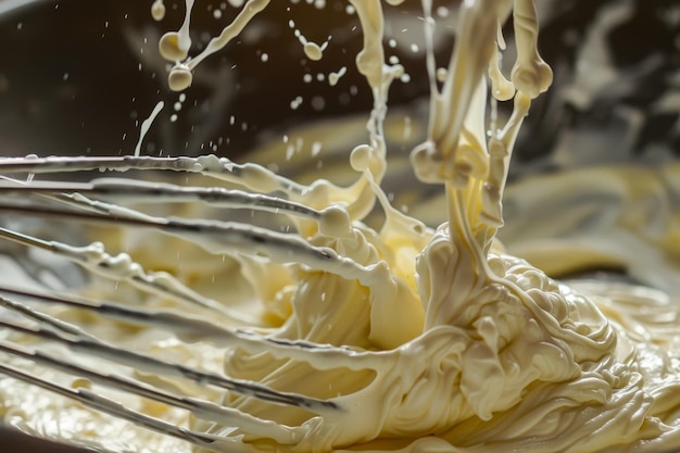 A closeup shot of a whisk mixing whipped cream in a bowl with the cream splattering and creating a dynamic image Whisk mixing batter