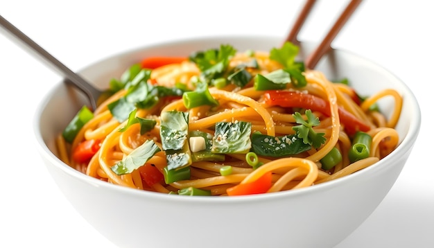 Photo a closeup shot of a white bowl filled with veggie lo mein noodles isolated with white highlights