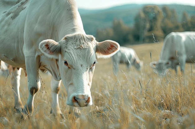 Photo closeup shot of white cows grazing in the fields