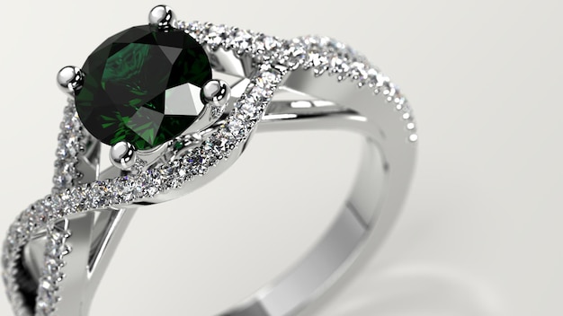 Closeup shot with emerald solitaire criss cross engagement ring