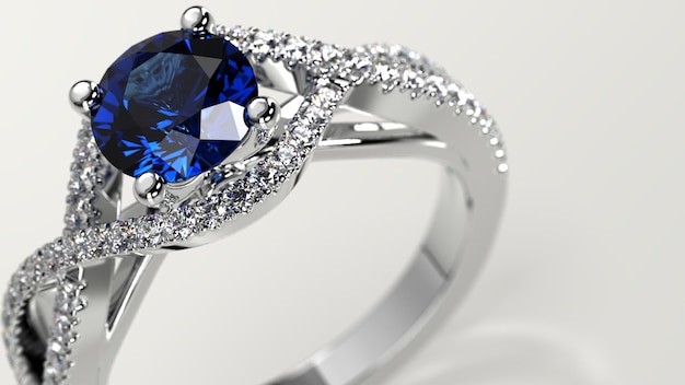 Closeup shot with sapphire solitaire criss cross engagement ring