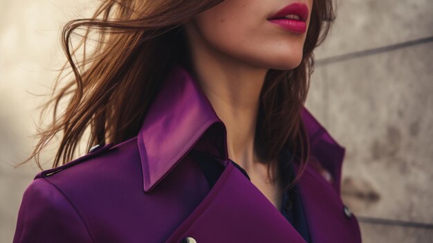 Photo a closeup shot of a woman wearing a purple satin jacket her hair blowing in the wind the image highlights the luxurious fabric and the sophisticated design of the garment