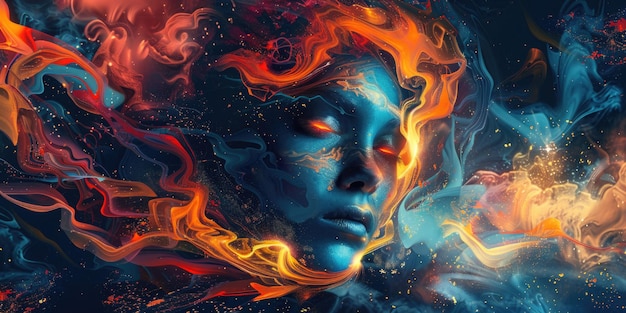 A closeup shot of a woman39s face with flames engulfing her skin suitable for fantasy or horror scenes