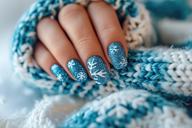 Photo a closeup shot of a woman39s hand showcasing a beautiful blue and white manicure this image can be used for beauty and nail carerelated projects