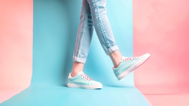 A closeup shot of a womans legs in light jeans and pastel sneakers set against a vibrant blue and pink background