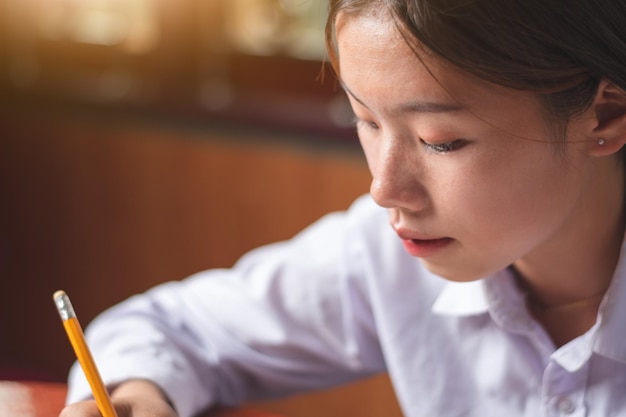 Closeup shot of women student face looking focus in a book with pencil on the table and orange light white empty paper study and education concept copy space for text and design