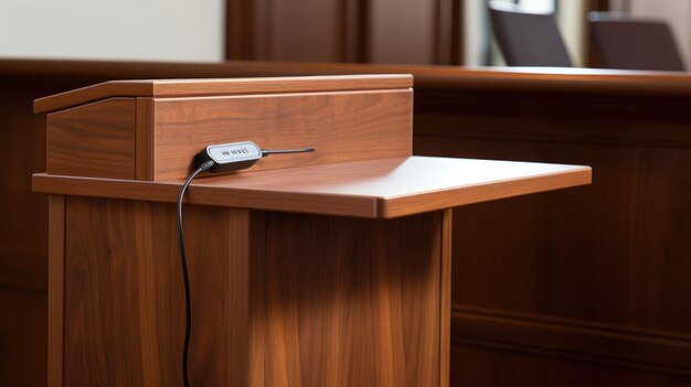 Photo a closeup shot of a wooden lectern with a microphone and cable the wood grain is visible and the surface is smooth