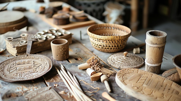 Photo a closeup shot of a wooden table with various handcrafted items including bowls plates and a woven basket