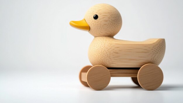 Photo closeup shot of wooden toy duck with wheels vintage duck toy on wheels