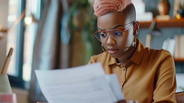 A closeup shot of a young African American woman with pink hair wearing glasses and a brown shirt intently reading through documents in a welllit office space