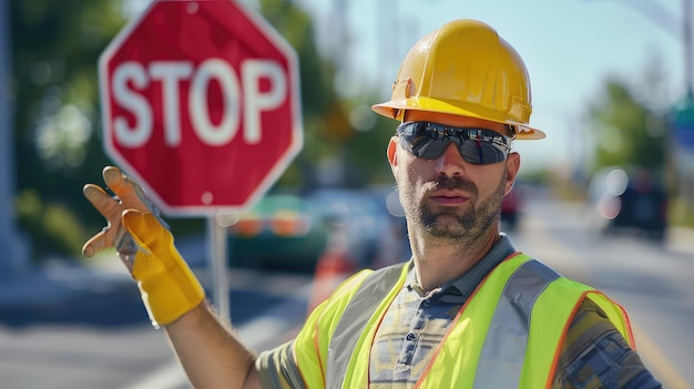 Photo a closeup shot of a young male road construction worker wearing safety gear and holding a stop sign directing traffic on a sunny day