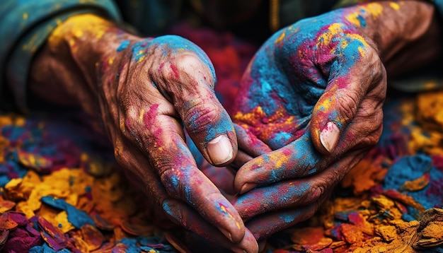 closeup shots of hands covered in a mix of Holi colors