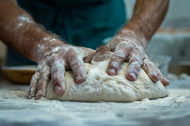 Closeup shots of hands kneadingshowcasing the craftsmanship involved in the pizzamaking process