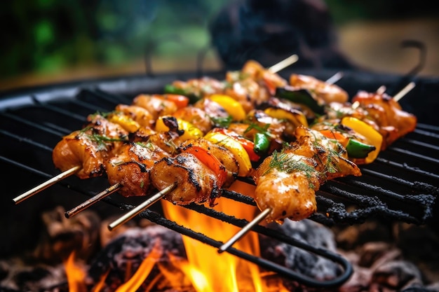 Closeup of shrimp skewers sizzling on campfire grill created with generative ai