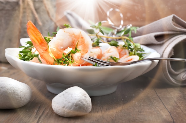 Closeup on shrimps salad 