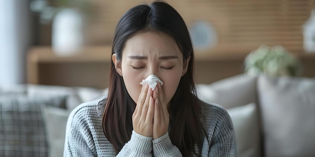 Closeup of sick Asian woman sitting on a couch blowing her nose health issues symbolized Concept Medical illustration Flu symptoms Sick woman Health issues Sick day at home