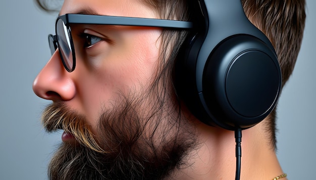 Photo a closeup side profile view of a person with a beard wearing black overear headphones with