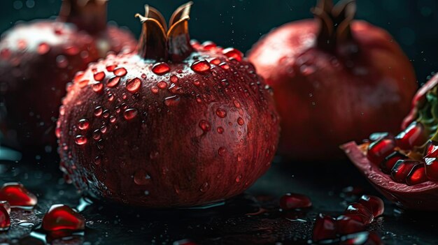 Closeup Side View Fresh Pomegranate hit by splashes of water with black blur background