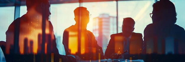 Closeup silhouette of a financial team gathered around a deskreviewing a technical chart displayed on a computer monitor The image is in a double exposure style