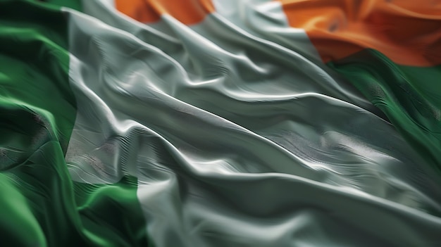 Closeup of a silky Irish flag with the green white and orange colors