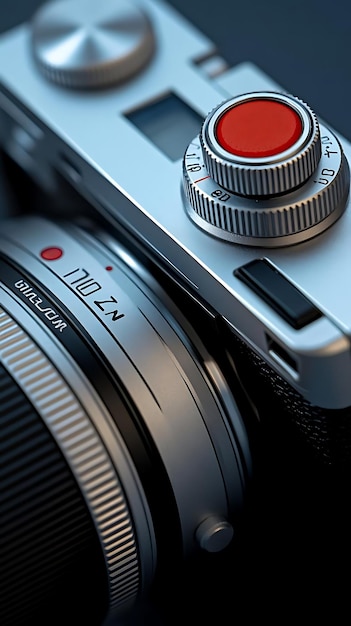 Photo closeup of a silver camera lens with a red button 3d illustration