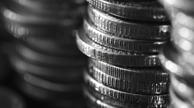 Photo a closeup of silver coins stacked neatly with the light catching their edges