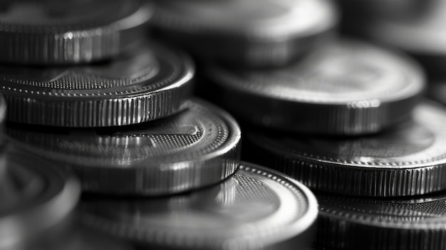 Photo a closeup of silver coins stacked neatly with the light catching their edges