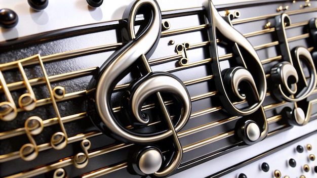 Photo closeup of silver treble clef and bass clef on a black and white background