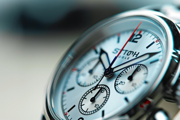 Photo closeup of silver watch with white face black hands watch face features red second hand black