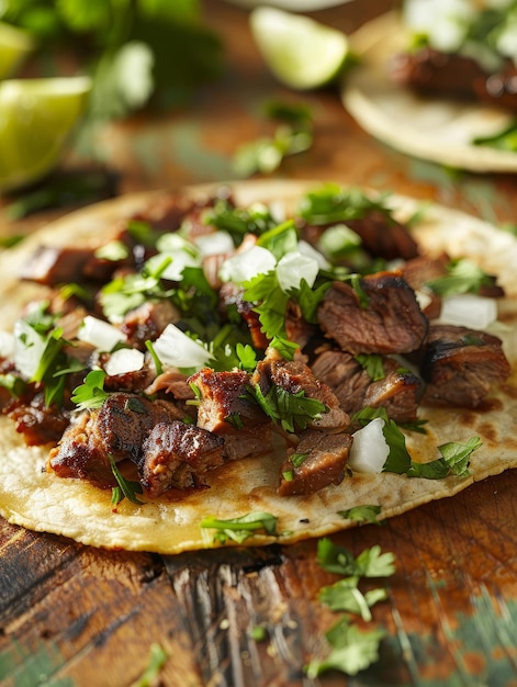 A closeup of a single beef taco The taco shell is filled with ground beef lettuce shredded cheese pico de gallo and a lime wedge on the side