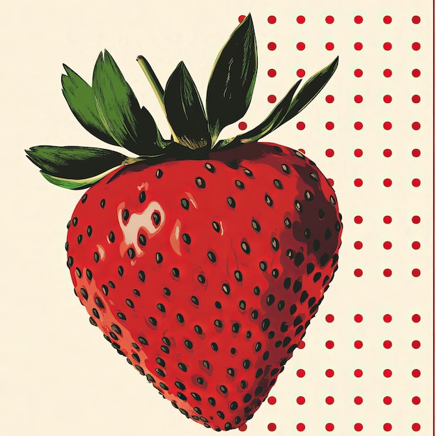 Photo closeup of a single bright red strawberry with green leaves against a white background with red polka dots