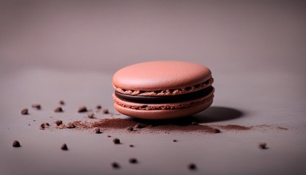 Closeup of a single French chocolate macaron with cocoa powder on top