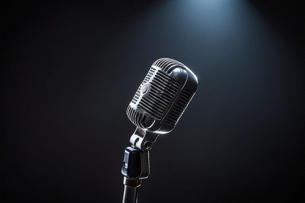 Closeup of a single lit stage microphone against a dark background