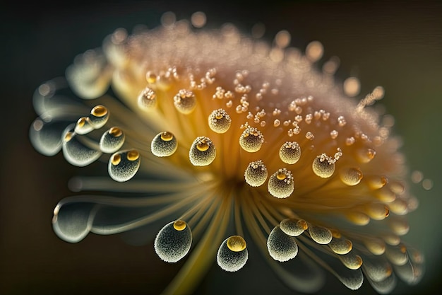 A closeup of a single mimosa flower with dew drops on its petals creating a delicate and ethereal ef