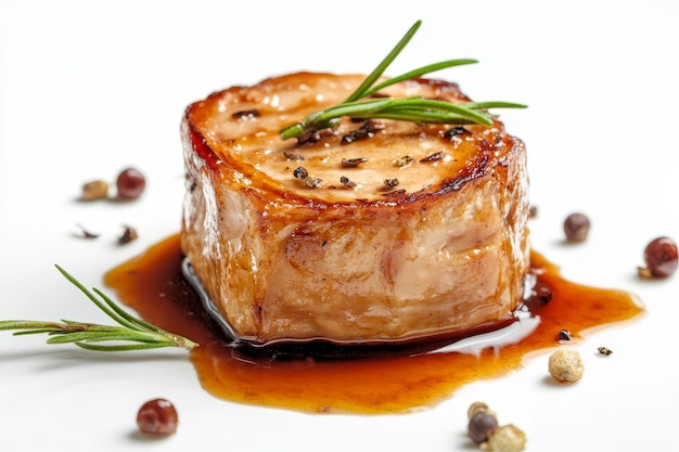 Photo a closeup of a single perfectly seared foie gras garnished with rosemary sprigs and pepperco