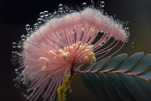 A closeup of a single pink mimosa blossom with dew drops still clinging to the petals created with g