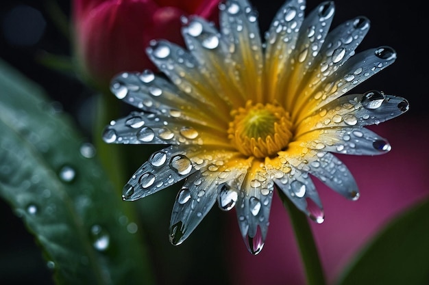 Closeup of a single rain drop on a flower