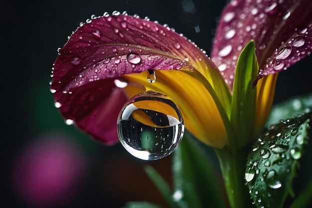 Closeup of a single rain drop on a flower